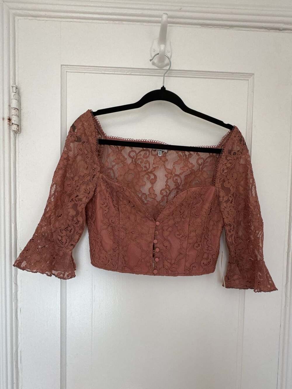 Dusty Rose Lace Crop Top Coquette Romantic Button Front Flared Sleeves Large